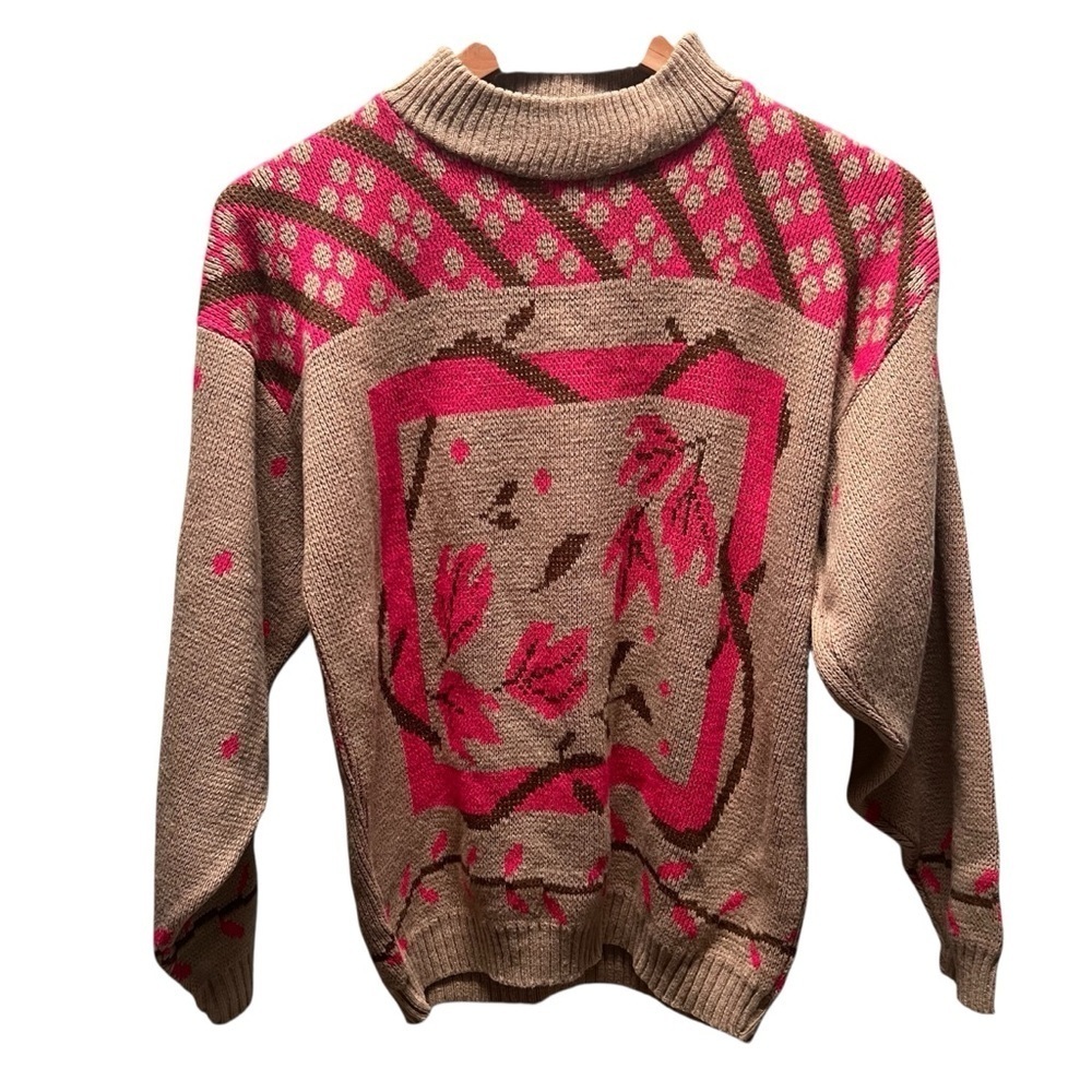 VTG La Venture Women’s Sz M Tan & Pink Floral Leaf 
Mock Turtleneck Sweater